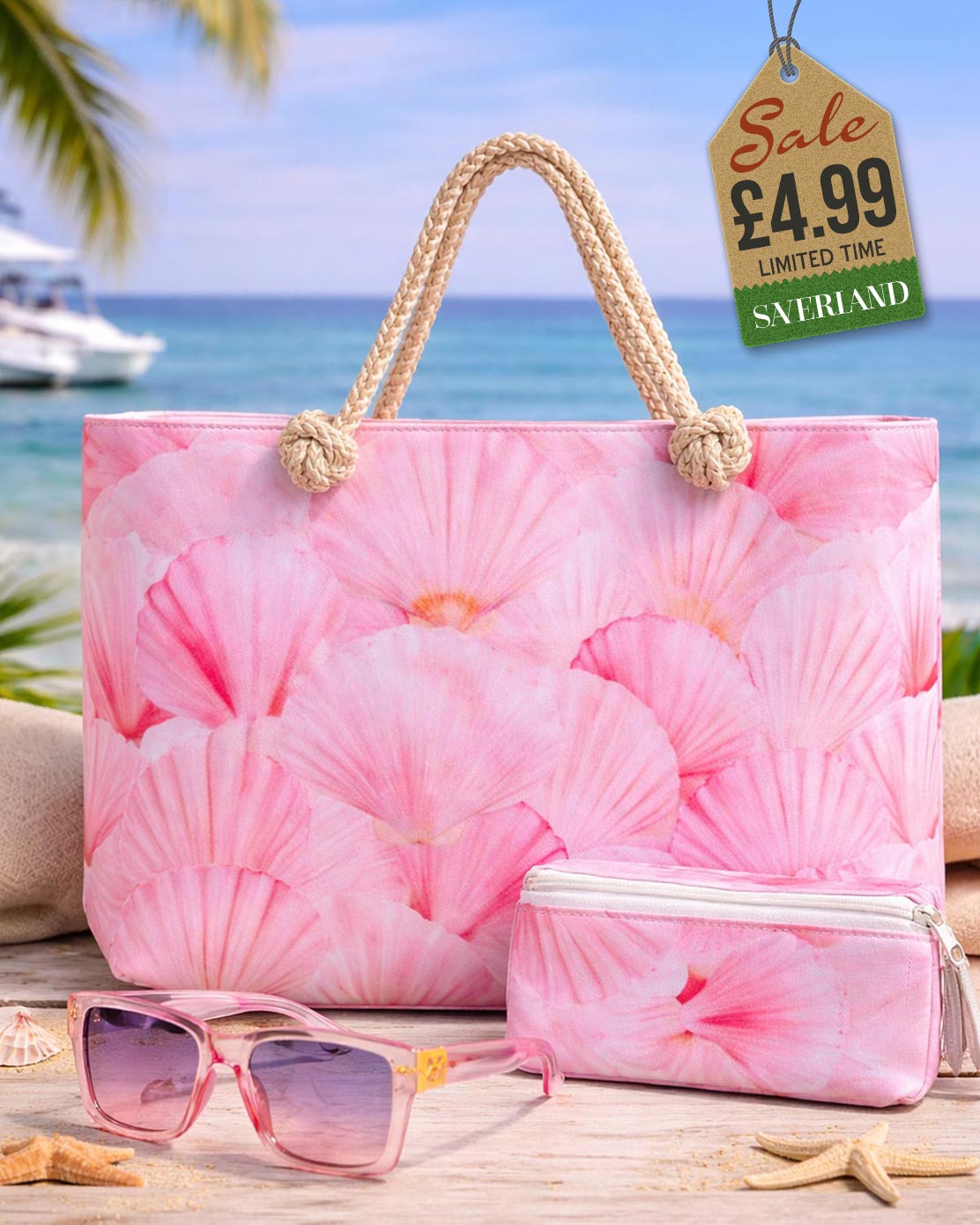 Pink scallop shell print beach tote and matching pouch with braided rope handles
