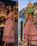 Red & Gold Block-print Backless Boho Maxi Dress