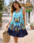 Blue and navy tie-dye short dress with hand-painted multicolour butterfly and flower motif