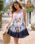 White and blush pink to navy tie-dye short dress with hand-painted multicolour butterfly motif