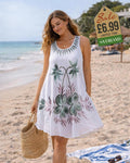 White short dress with green and sage hand-painted tropical flower and palm motif