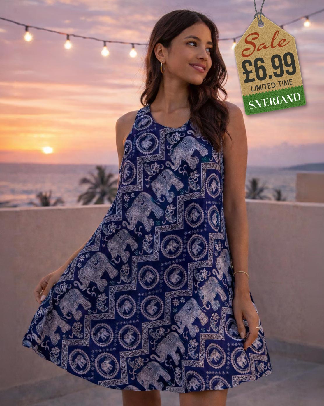 Navy short sleeveless swing dress with white lucky elephant all-over print