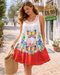 White to red tie-dye short dress with hand-painted multicolour butterfly and flower motif