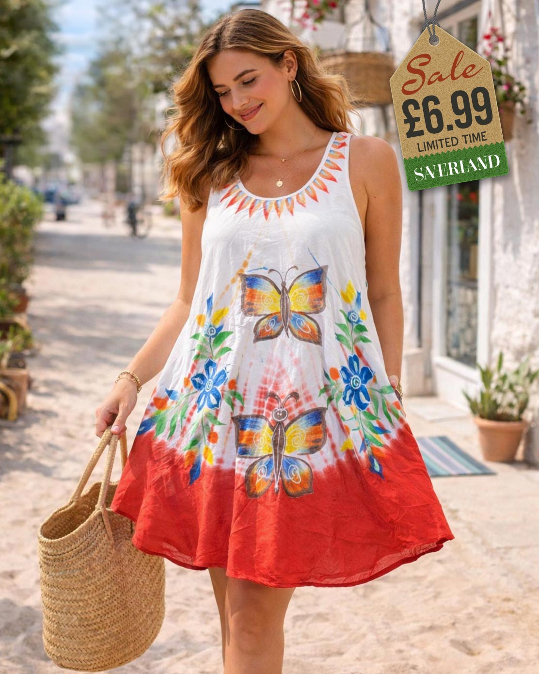 White to red tie-dye short dress with hand-painted multicolour butterfly and flower motif