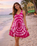 Hot pink and fuchsia spiral tie-dye short sleeveless V-neck dress