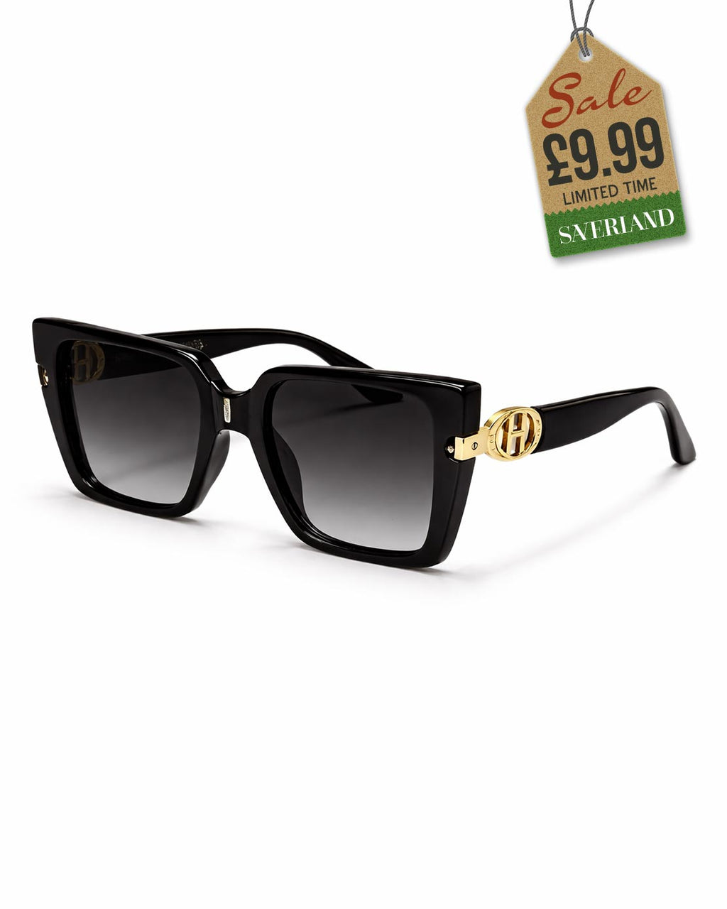 Sleek glossy black oversized square sunglasses with dark gradient lenses and gold logo hardware - product view