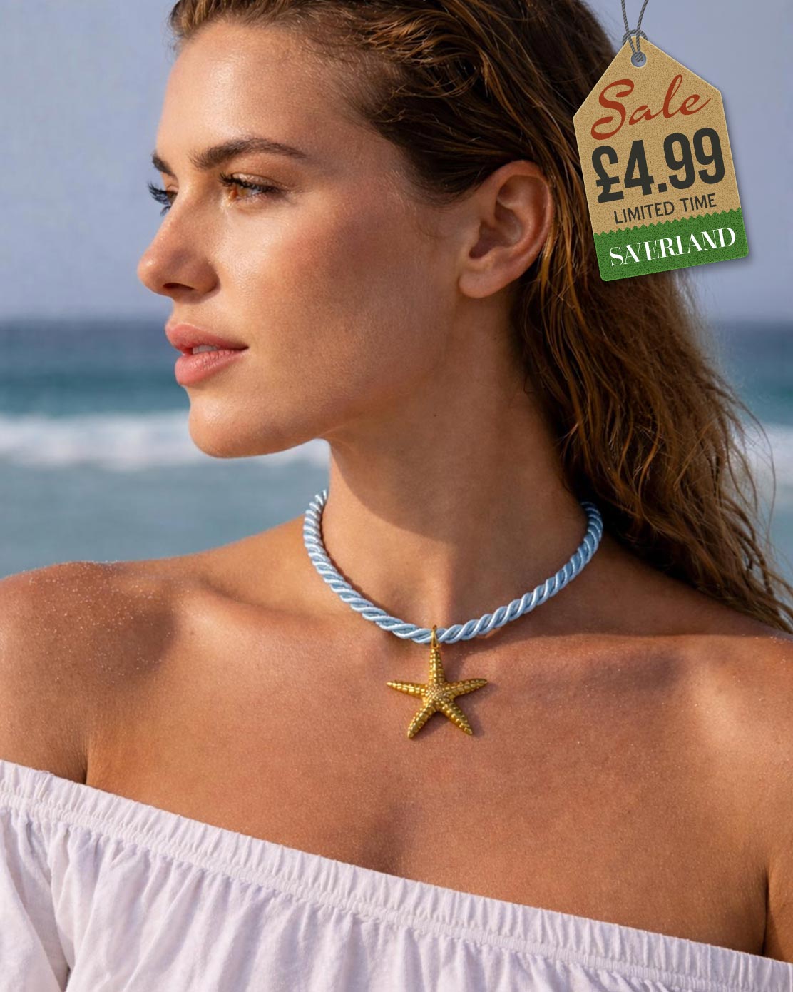 Gold starfish pendant choker necklace on twisted baby blue rope cord worn at the beach