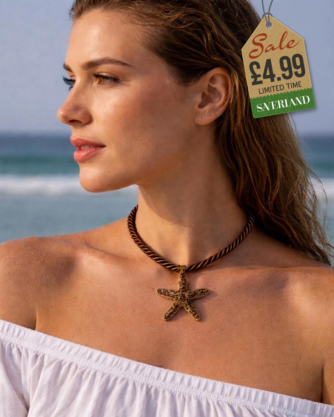 Bronze brown textured starfish pendant choker necklace on twisted brown rope cord worn at beach