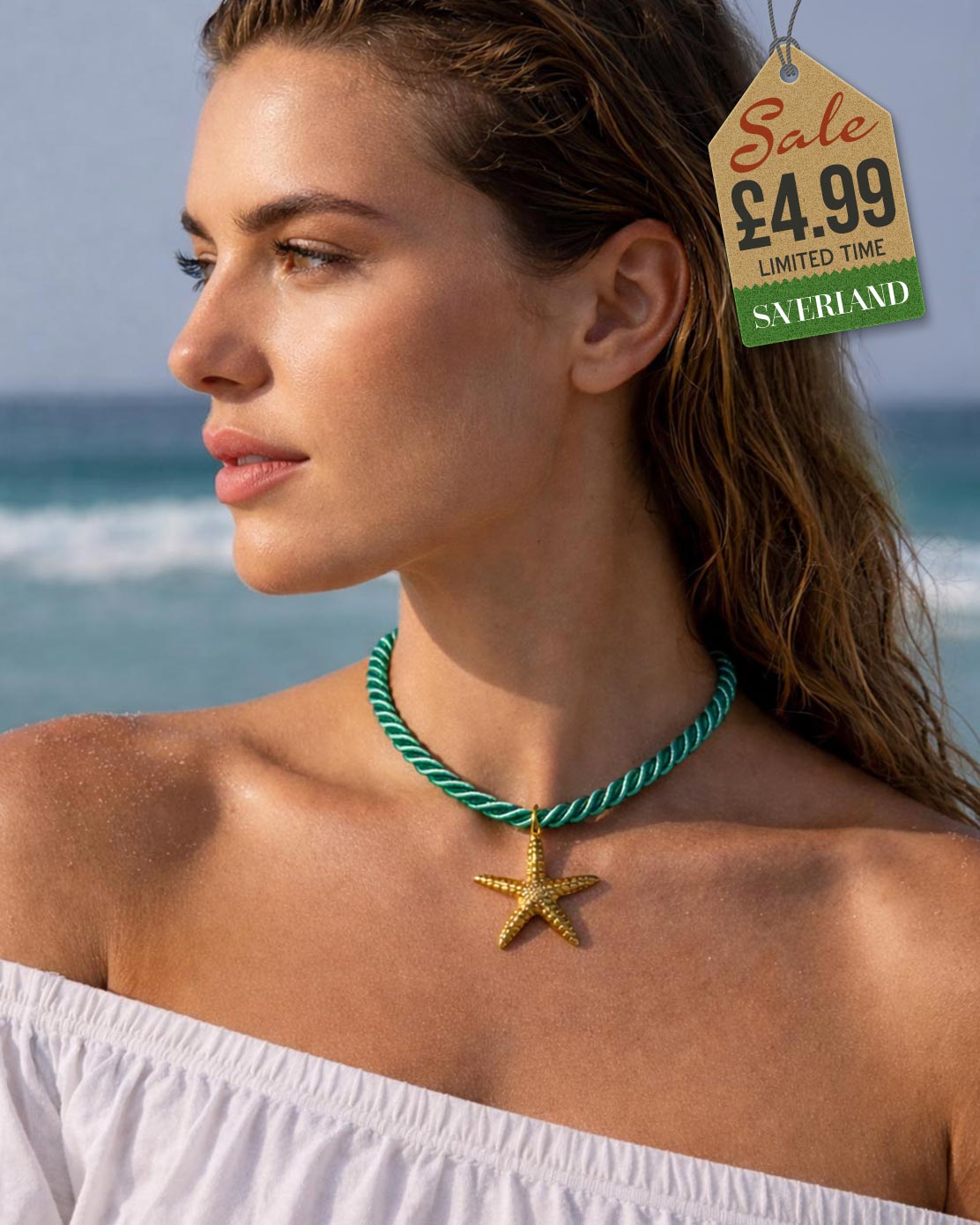 Gold starfish pendant choker necklace on twisted teal green rope cord worn at the beach