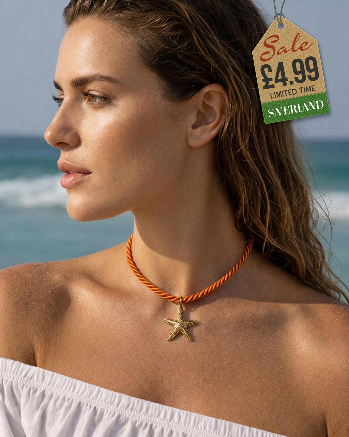 Gold starfish pendant choker necklace on twisted orange rope cord worn at the beach