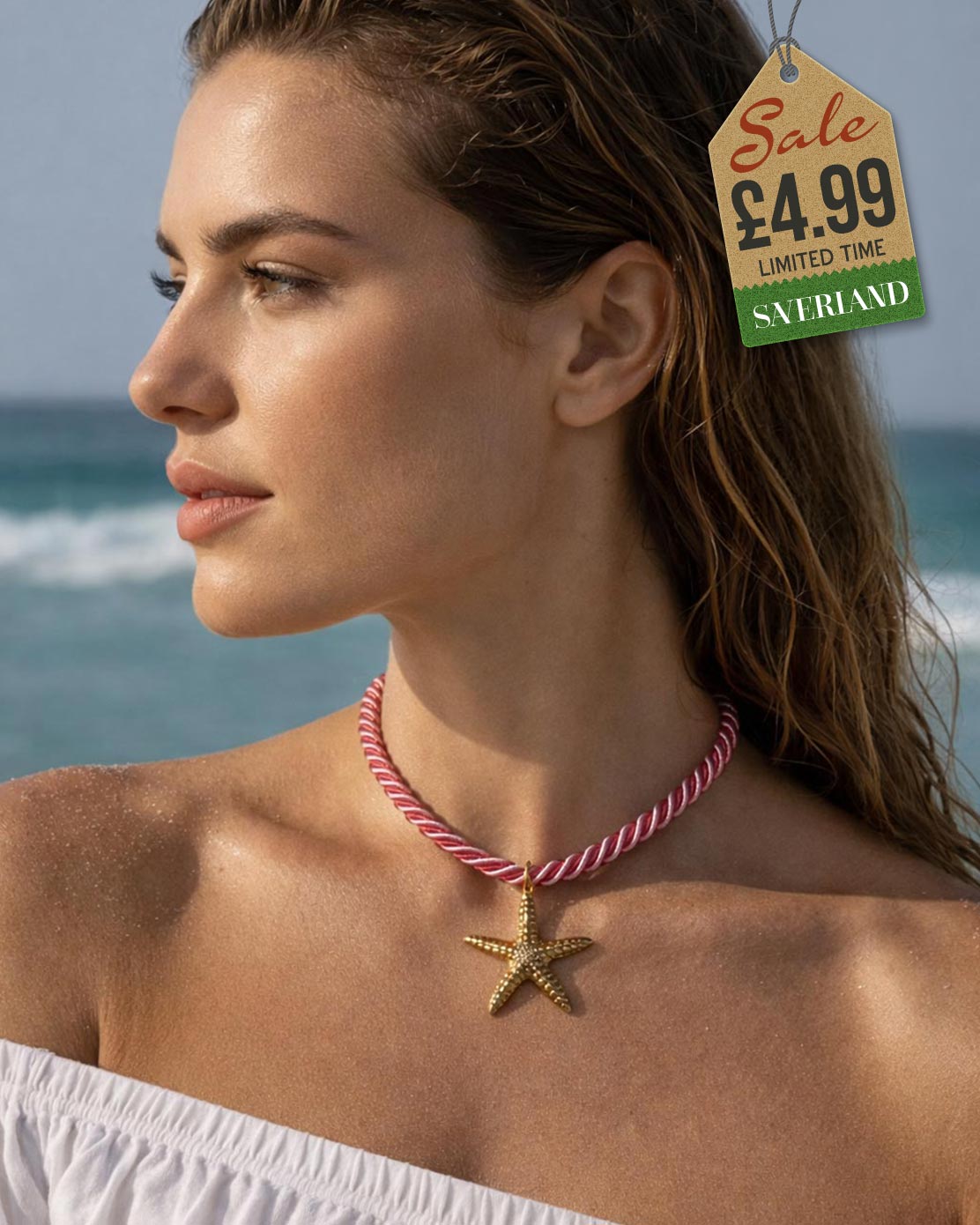 Gold starfish pendant choker necklace on twisted pink rope cord worn at the beach