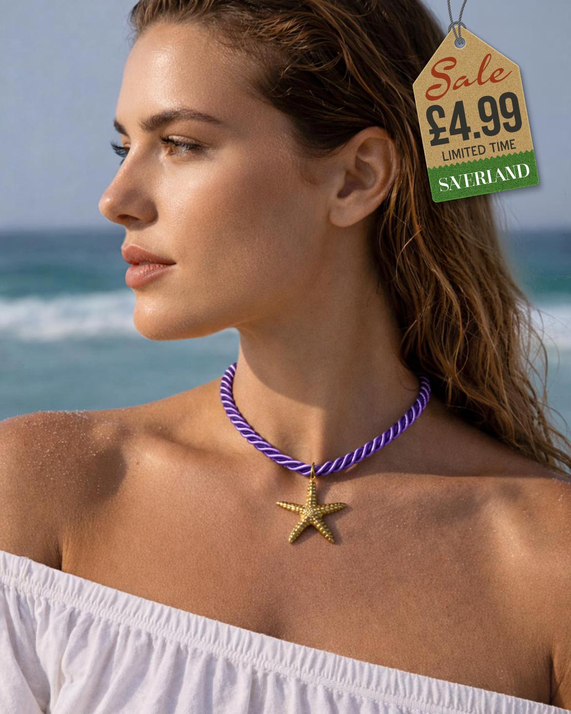 Gold starfish pendant choker necklace on twisted purple rope cord worn at the beach