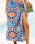 Blue Moroccan geometric star lattice beach sarong wrap tied at the hip by the pool