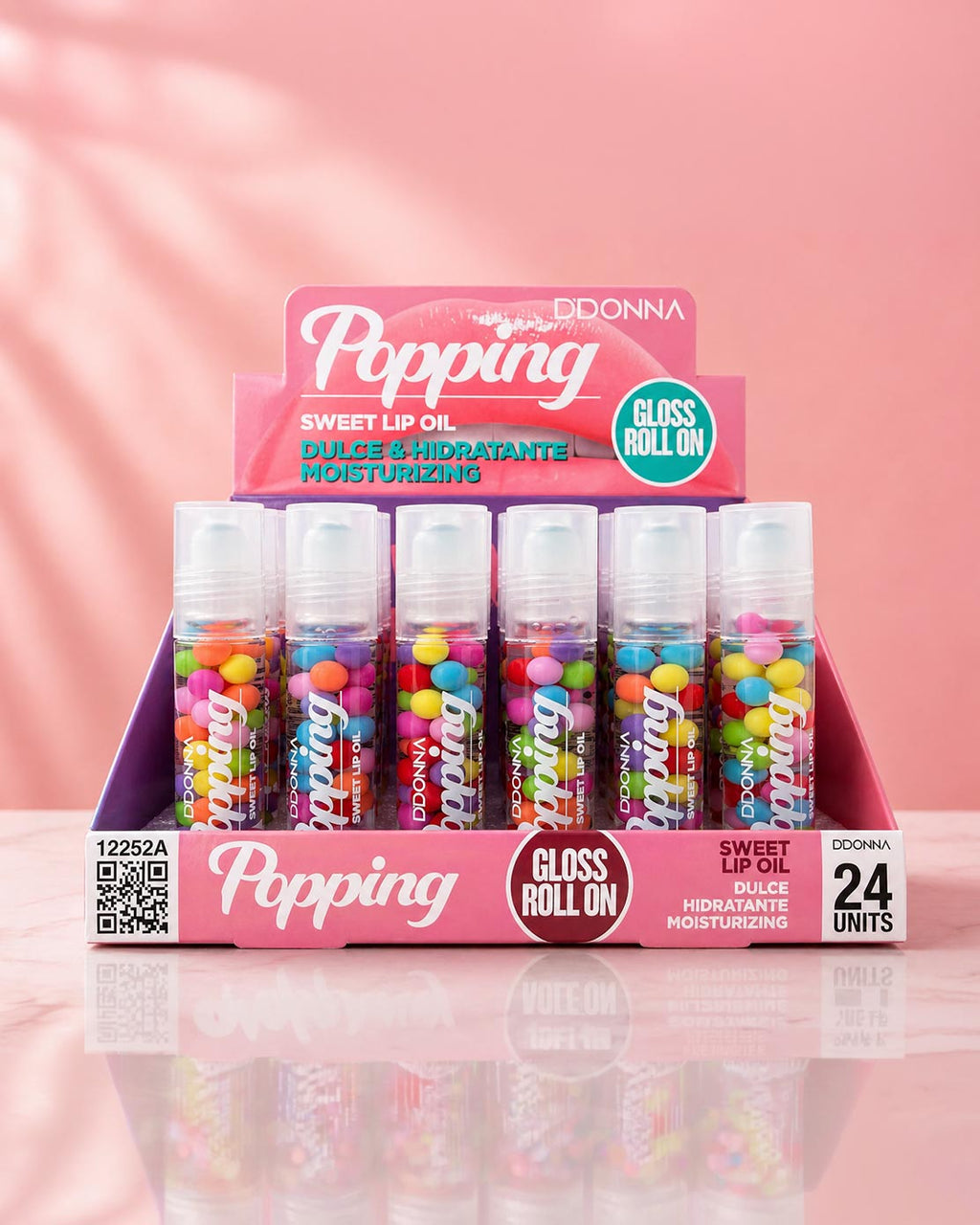 D'Donna Popping Sweet Lip Oil Gloss Roll-On display box with 24 units featuring colourful candy bead tubes