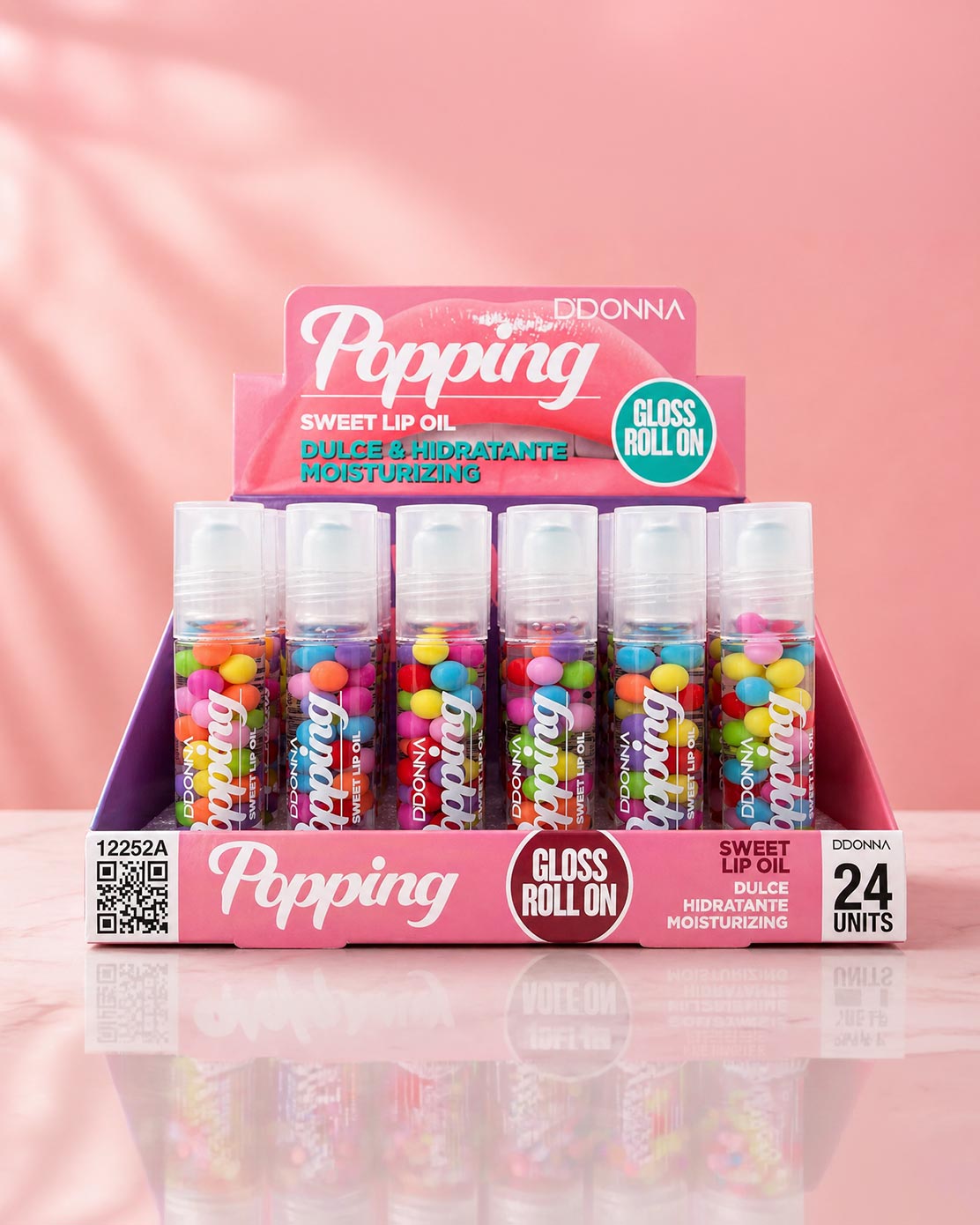 D'Donna Popping Sweet Lip Oil Gloss Roll-On display box with 24 units featuring colourful candy bead tubes
