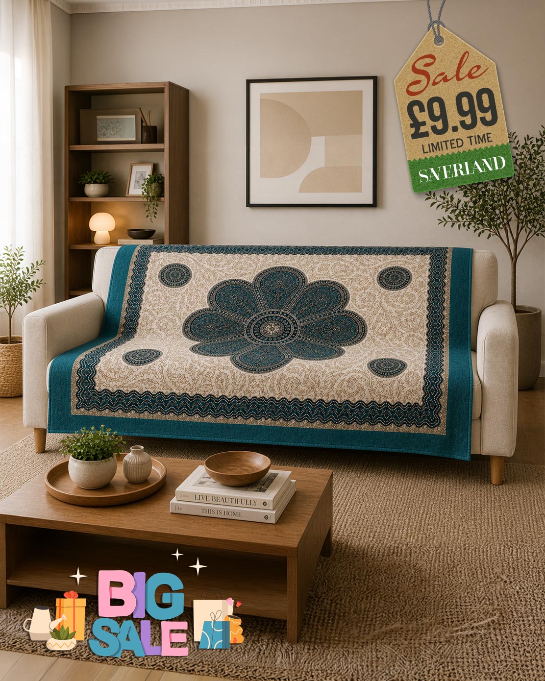 Teal & White Mandala Floral Throw – 230cm x 135cm