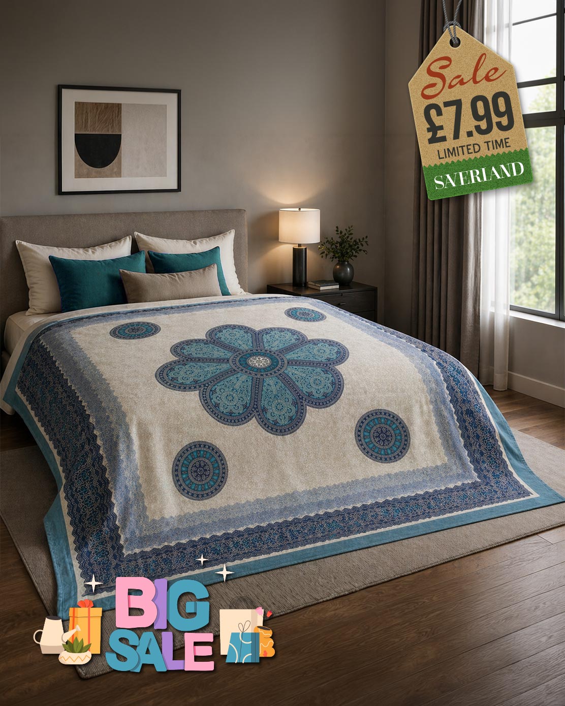 Teal and cream mandala floral bedspread draped over a bed with ornate circular medallion pattern and decorative border