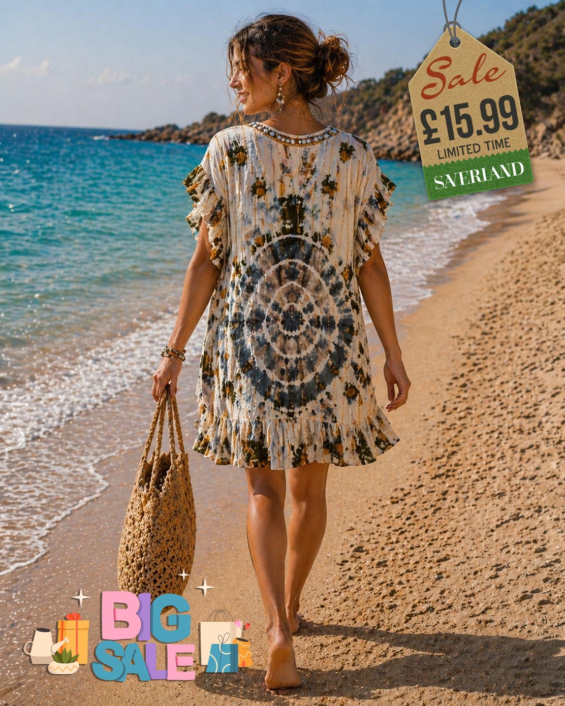 Boho Tie-Dye Ruffle Beach Cover-up Dress
