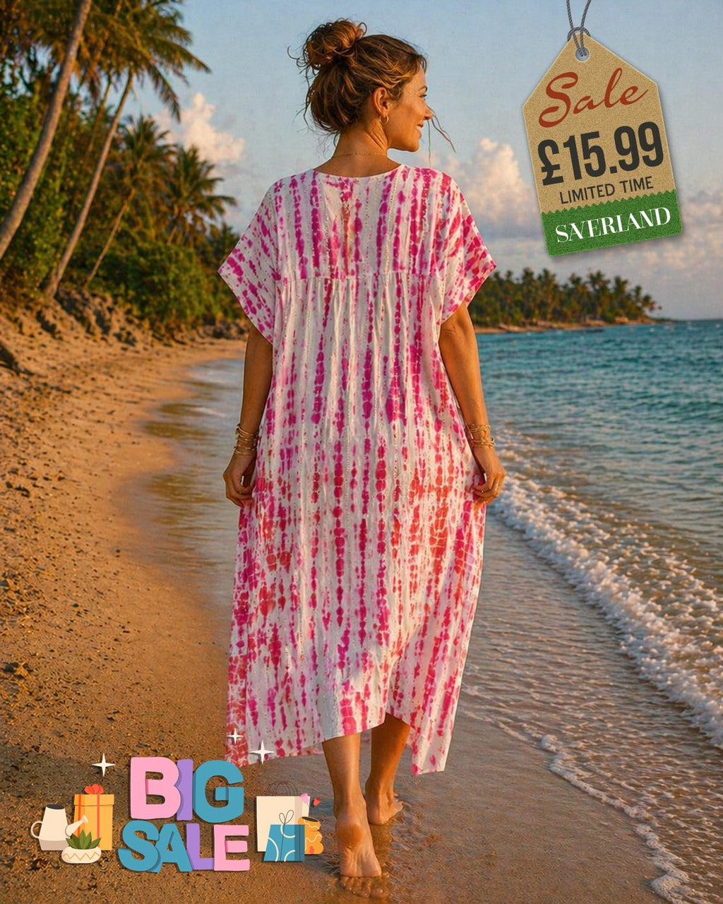 Woman walking on a beach wearing a tie-dye pink, red and white midi cover-up dress with short sleeves