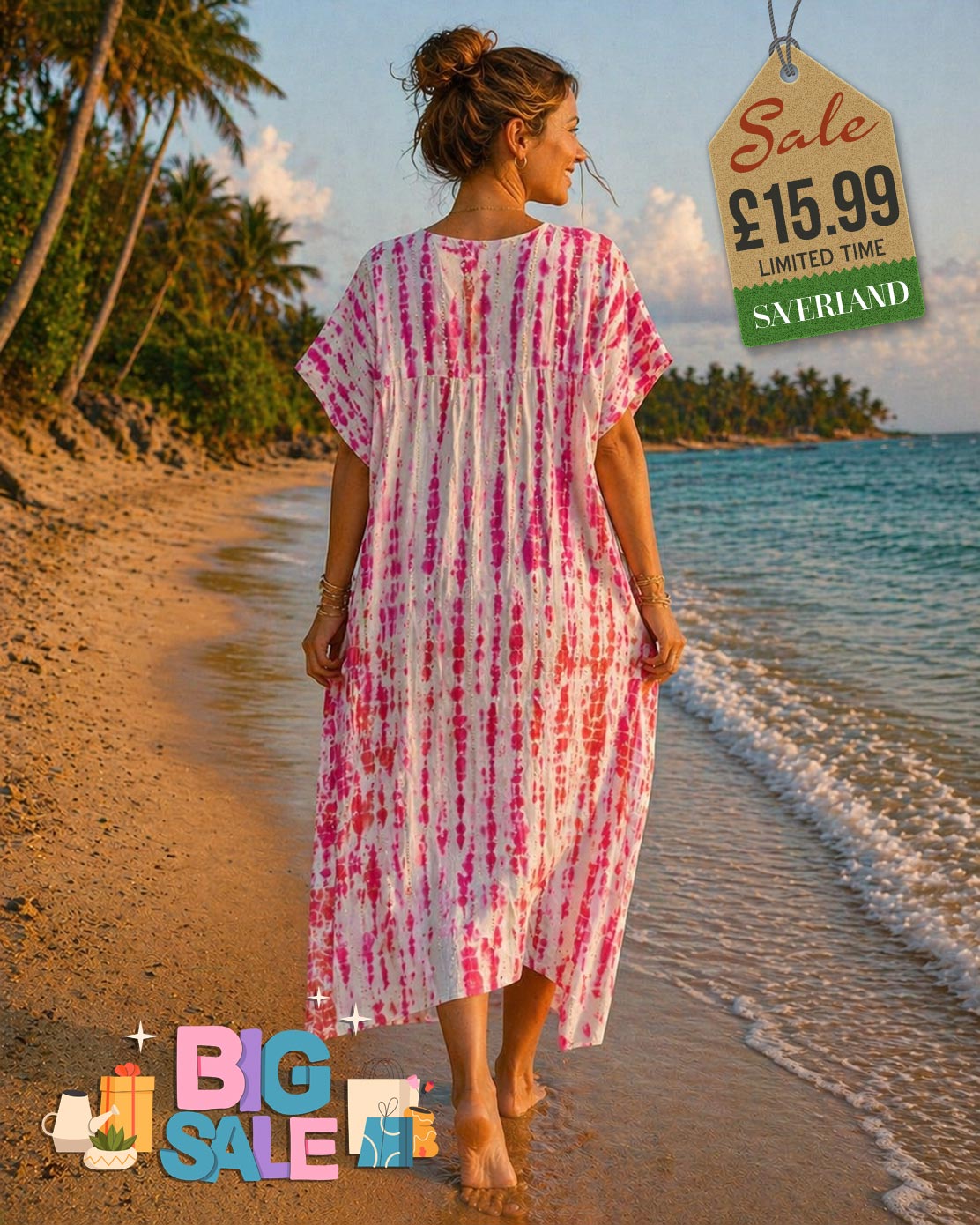 Woman walking on a beach wearing a tie-dye pink, red and white midi cover-up dress with short sleeves