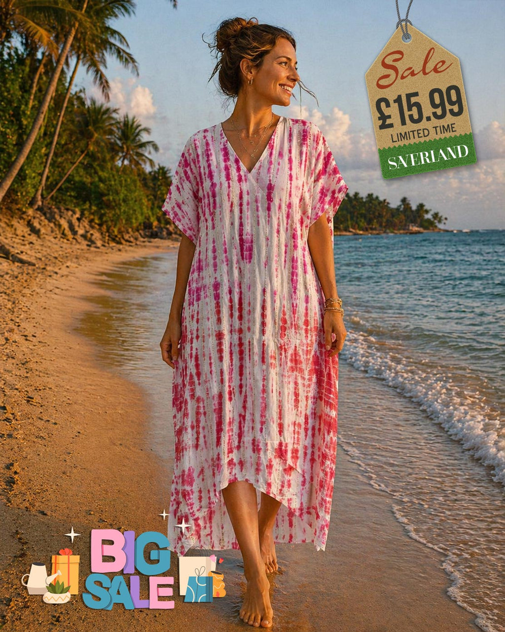 Woman wearing a pink and red tie-dye kaftan cover-up dress walking barefoot on a tropical beach