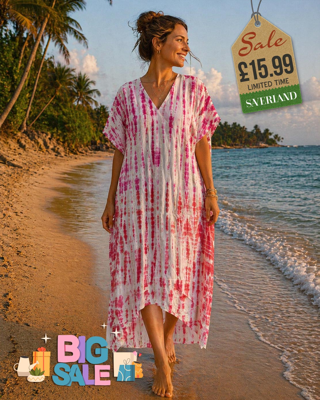Woman wearing a pink and red tie-dye kaftan cover-up dress walking barefoot on a tropical beach