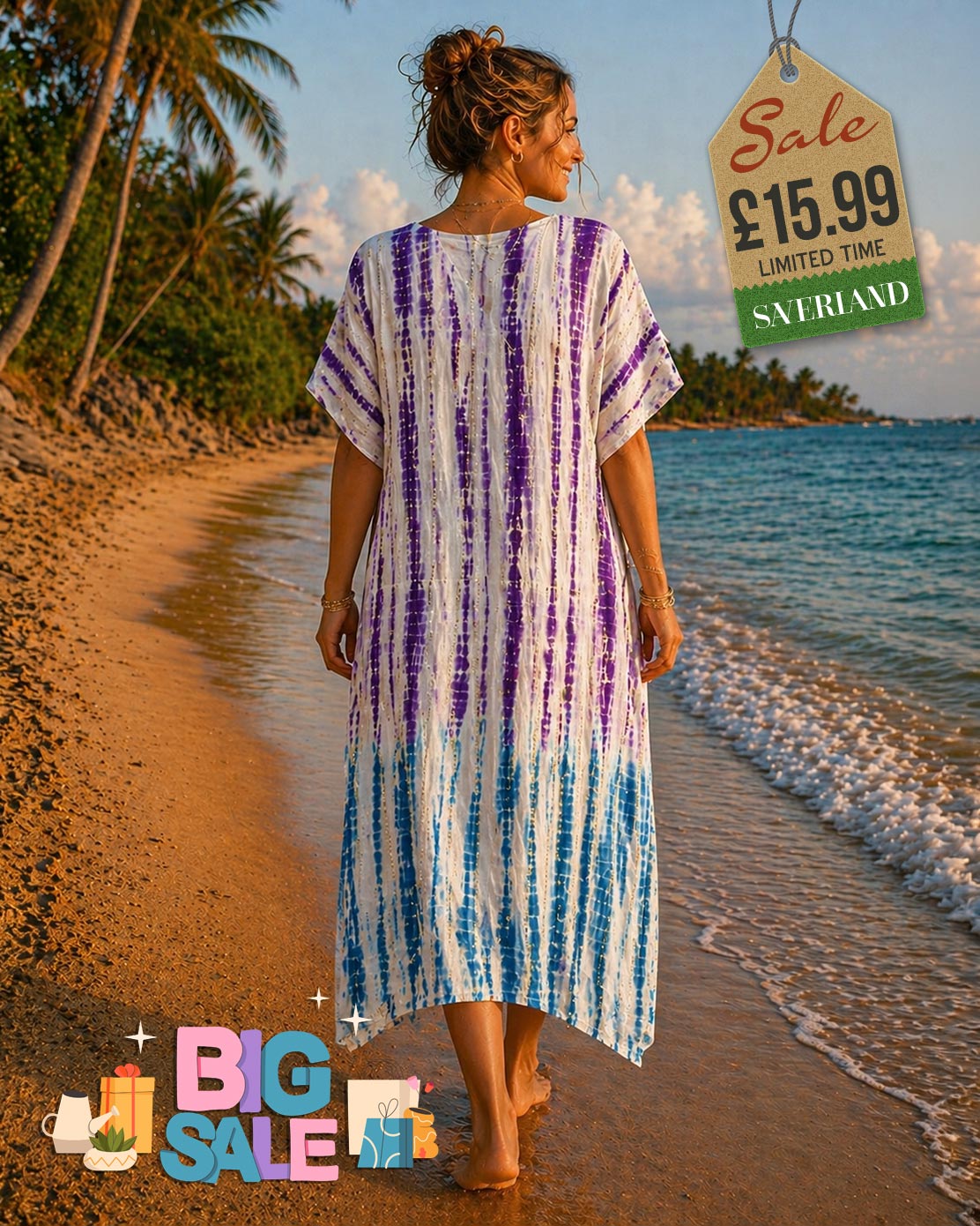 Woman walking on a tropical beach wearing a tie-dye purple blue and white kaftan cover-up dress with short sleeves and midi length