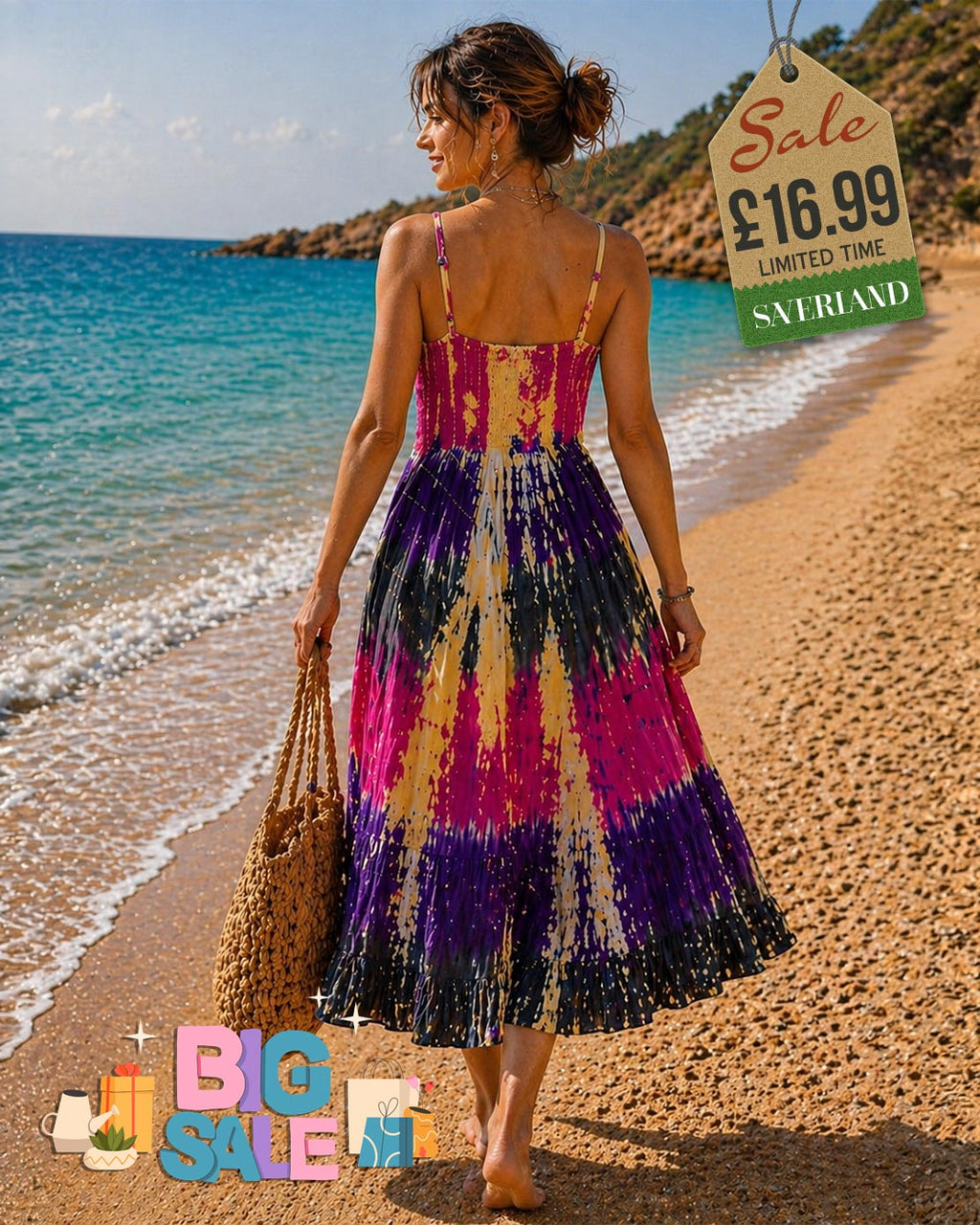 Woman walking on a beach wearing a tie-dye purple and pink spaghetti-strap maxi dress with a flowing pleated skirt