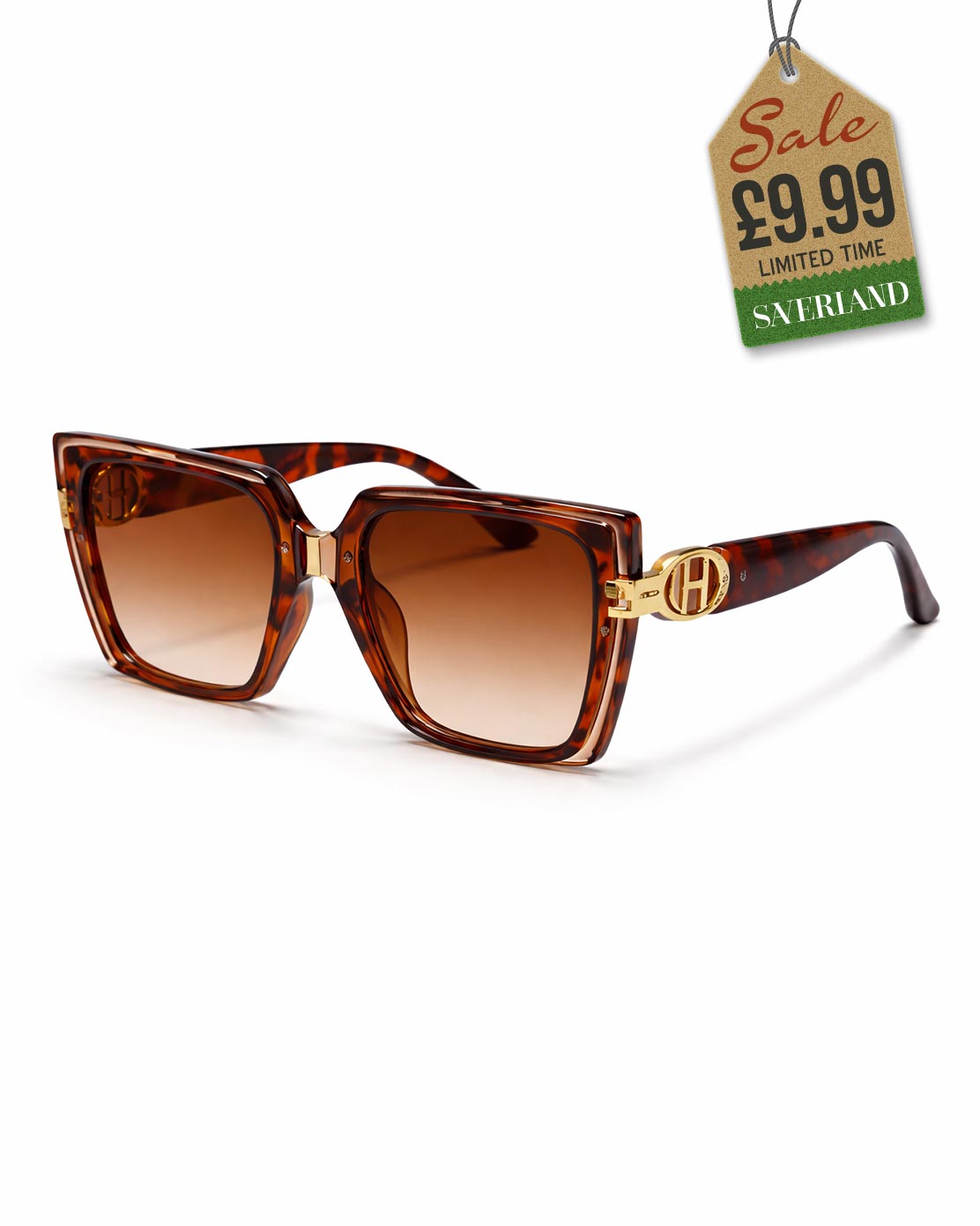 Tortoise shell oversized square sunglasses with gold logo hardware - product view on white background