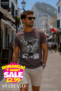 Men's mauve t-shirt with black and white manga action graphic print, worn in Gibraltar street setting