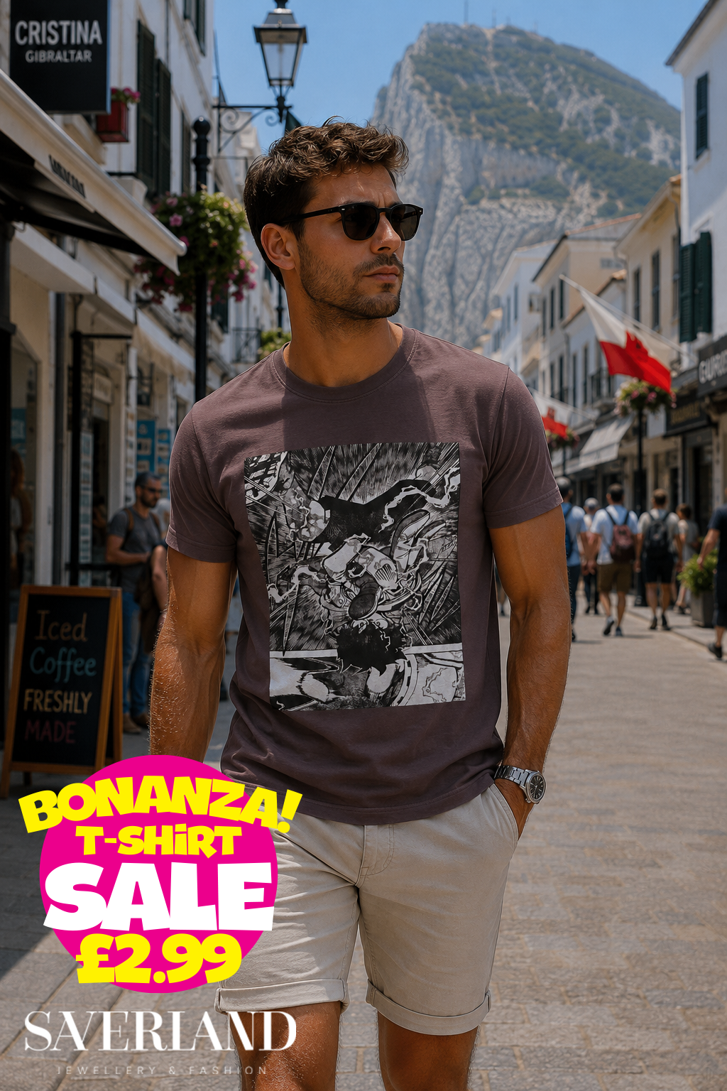 Men's mauve t-shirt with black and white manga action graphic print, worn in Gibraltar street setting
