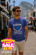 Royal blue t-shirt with 'It's a Europe Thing You Wouldn't Understand' slogan and EU flag graphic, worn by a man in Gibraltar