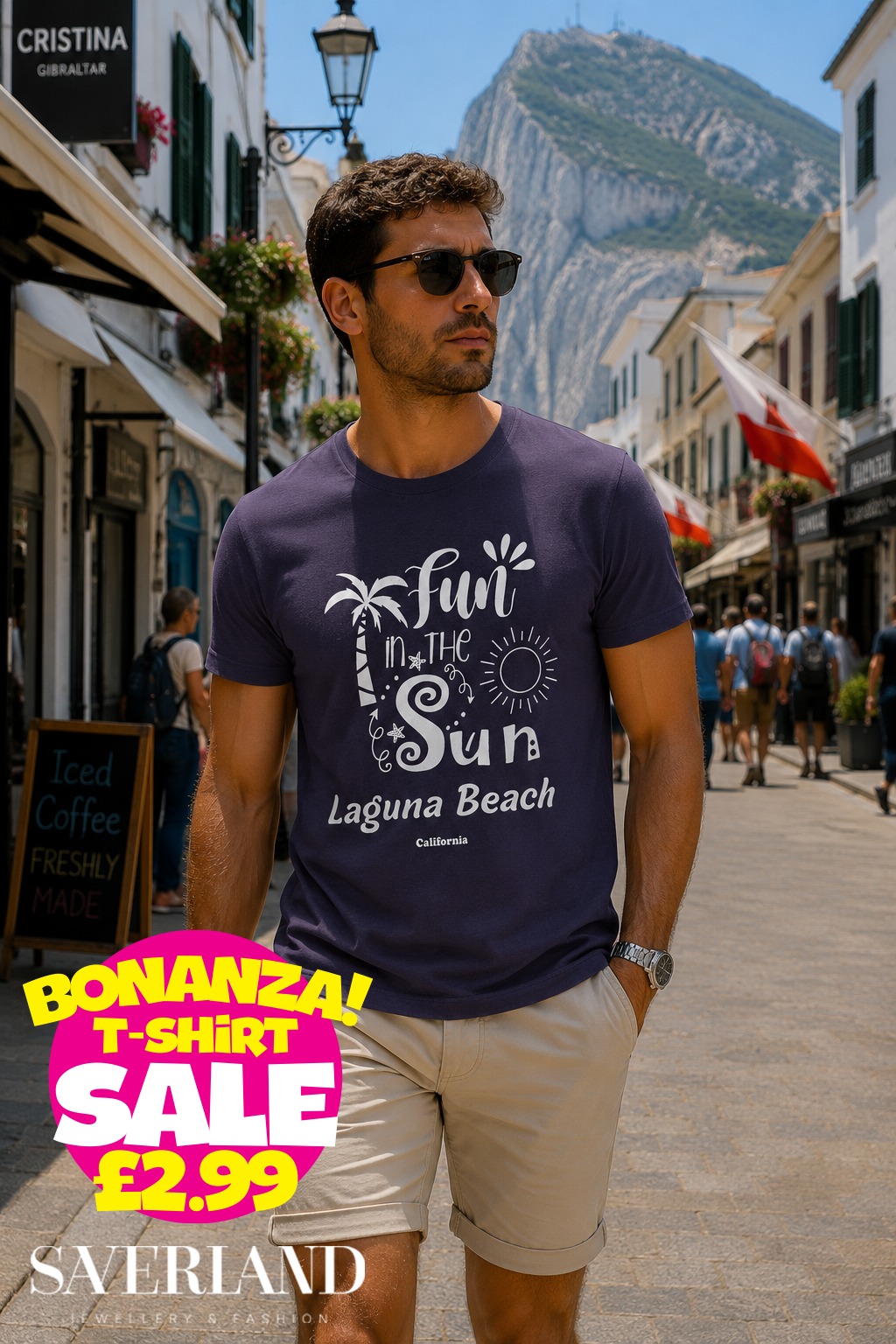 Navy blue t-shirt with Fun in the Sun Laguna Beach California graphic print in white