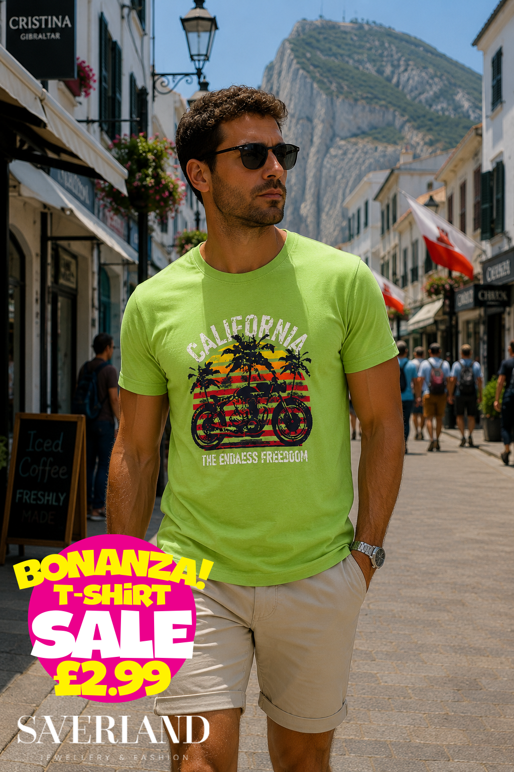 Men's lime green California motorcycle graphic t-shirt with retro sunset and palm tree print