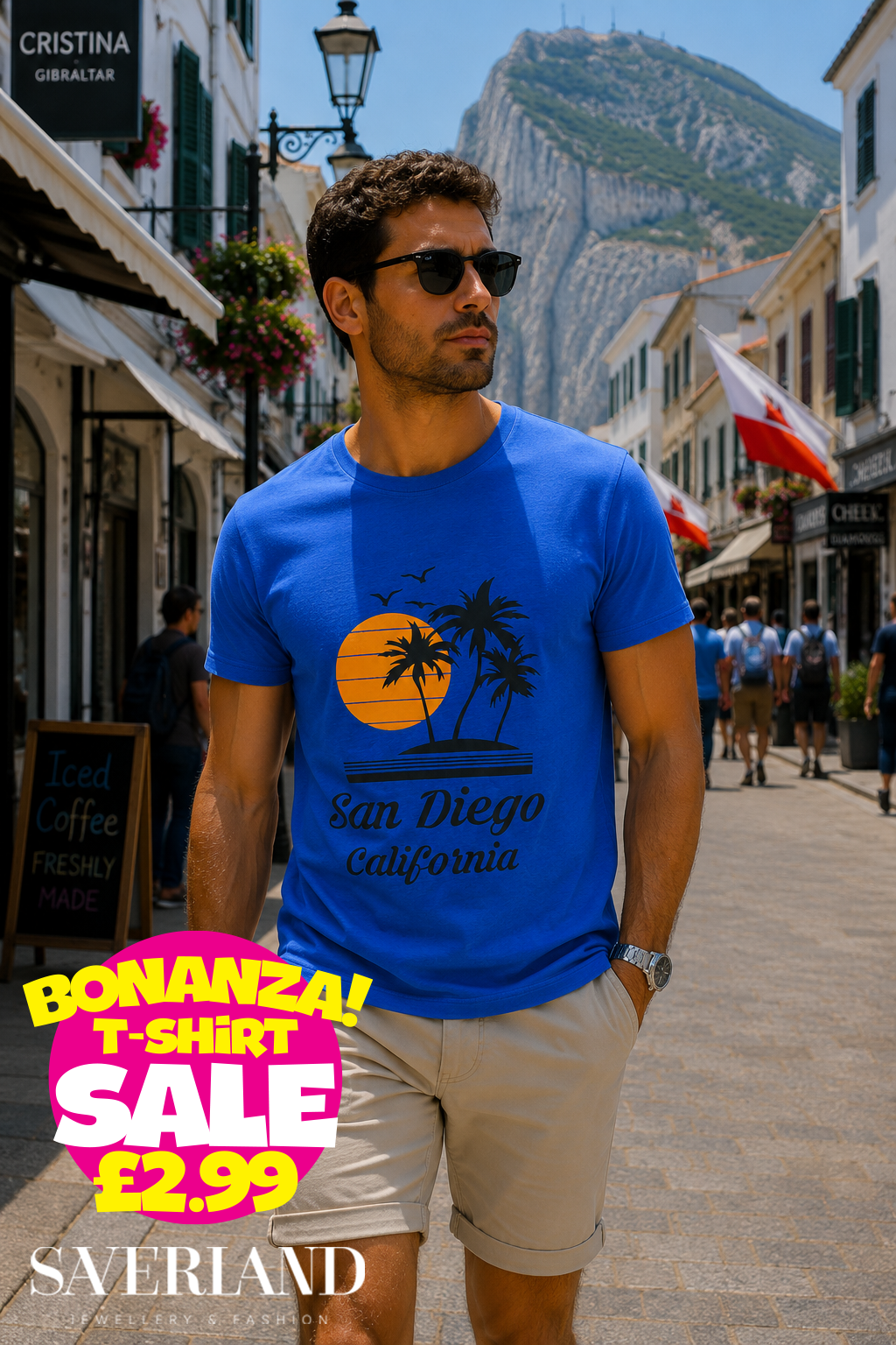 Royal blue San Diego California sunset palm tree graphic t-shirt worn by a man in Gibraltar