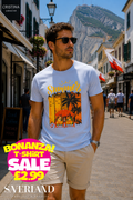 White light blue men's t-shirt with retro summer beach graphic featuring palm trees, sun umbrella and golden Summer text