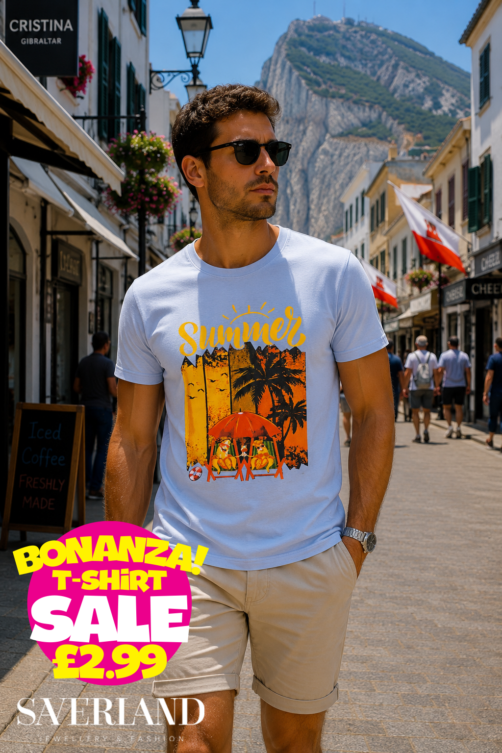 White light blue men's t-shirt with retro summer beach graphic featuring palm trees, sun umbrella and golden Summer text