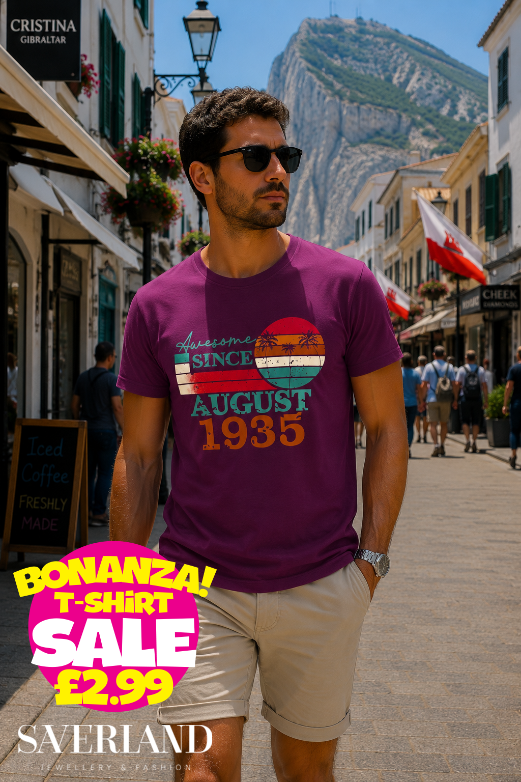Purple t-shirt with retro sunset palm tree graphic reading Awesome Since August 1935