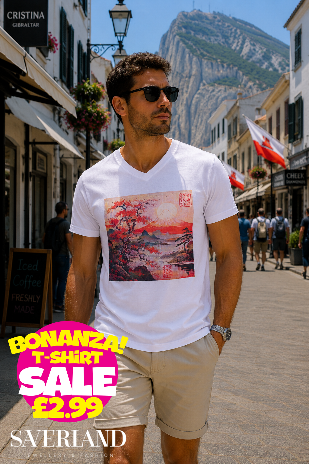 White v-neck t-shirt with Japanese ukiyo-e style Mount Fuji sunrise and red cherry blossom graphic print