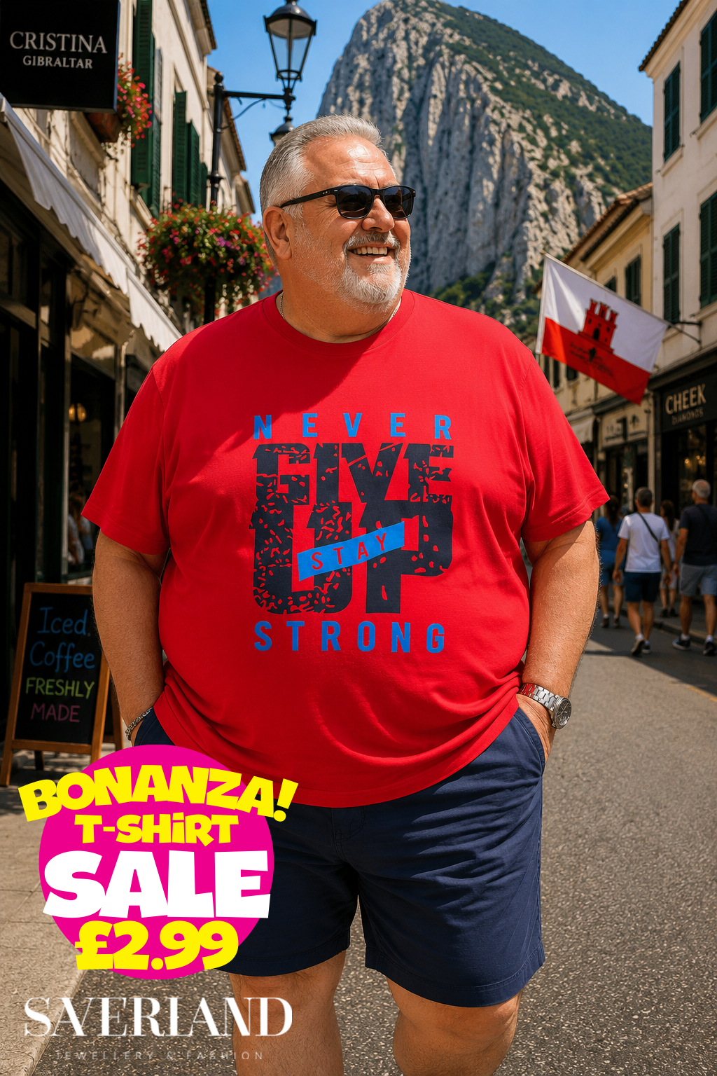 Red men's t-shirt with Never Give Up Stay Strong motivational slogan in navy and blue distressed lettering