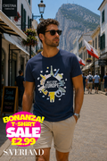 Navy blue men's t-shirt with colourful Next Stop Europe landmark graphic print