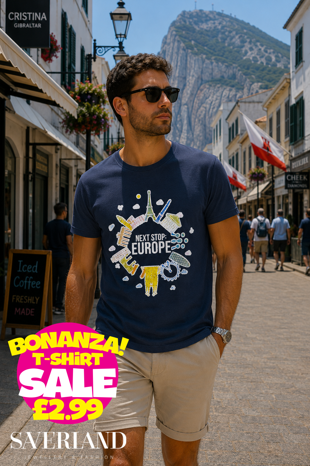 Navy blue men's t-shirt with colourful Next Stop Europe landmark graphic print