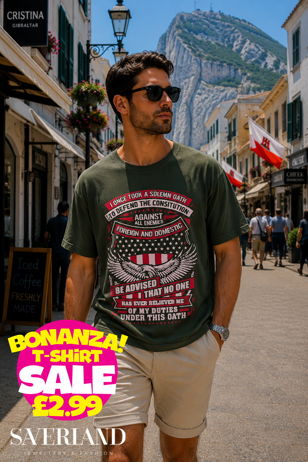 Military green men's patriotic t-shirt featuring a bald eagle, American flag design, and constitutional oath text in red and white