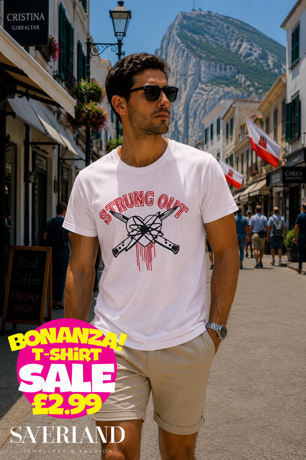 White men's t-shirt with Strung Out red and black graphic print featuring crossed needles and heart design
