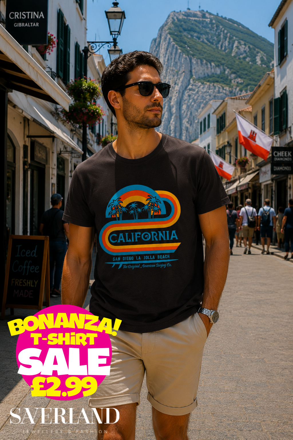 Men's dark charcoal t-shirt with retro California sunset palm tree graphic, San Diego La Jolla Beach print in teal, orange and red