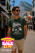 Dark green men's t-shirt with white mountain camping graphic and 'The Mountains Emotion And I Must Go' print