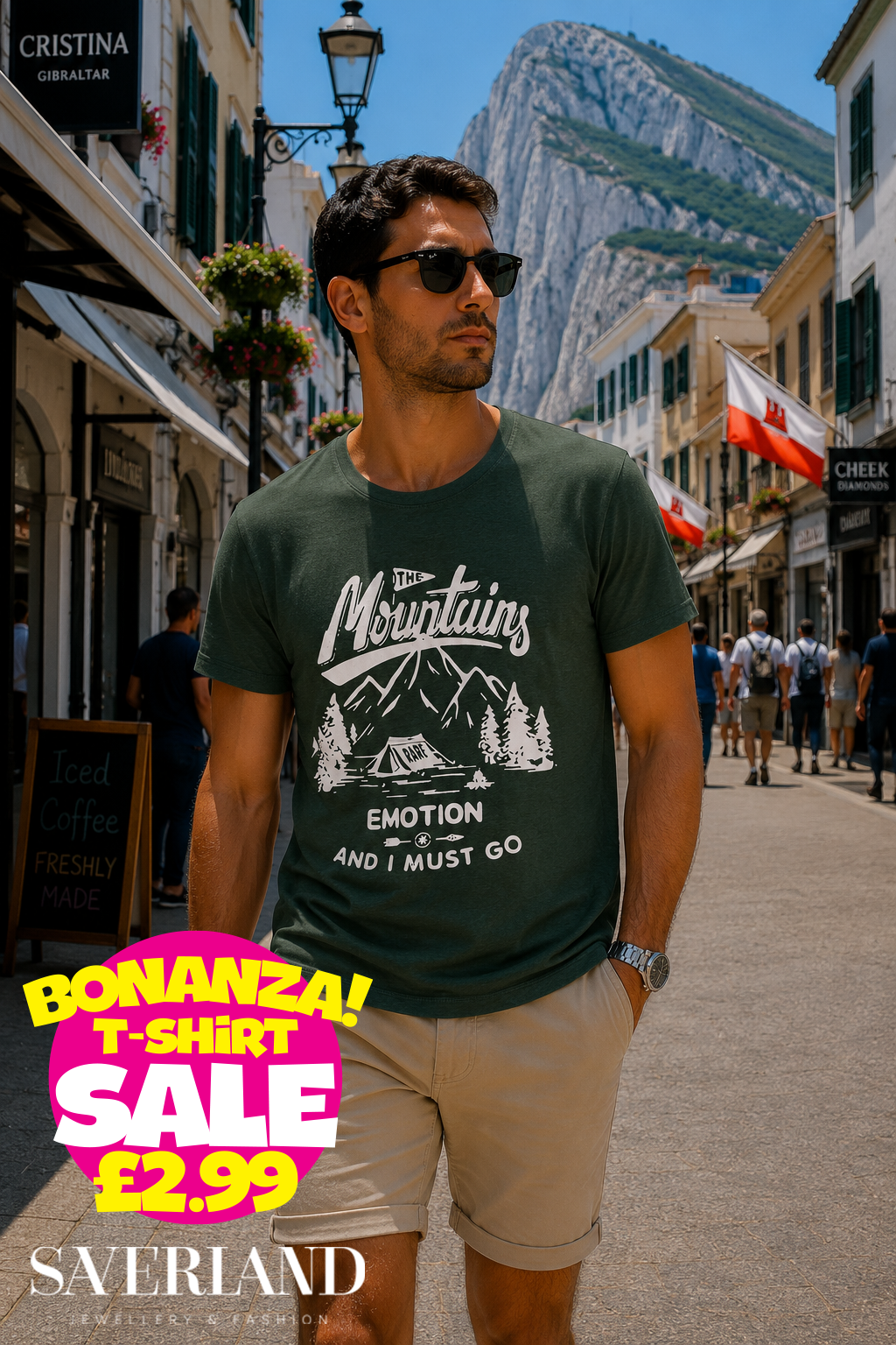 Dark green men's t-shirt with white mountain camping graphic and 'The Mountains Emotion And I Must Go' print