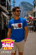 Royal blue men's t-shirt with Japanese landscape graphic featuring red sun, pagoda, samurai and bonsai tree