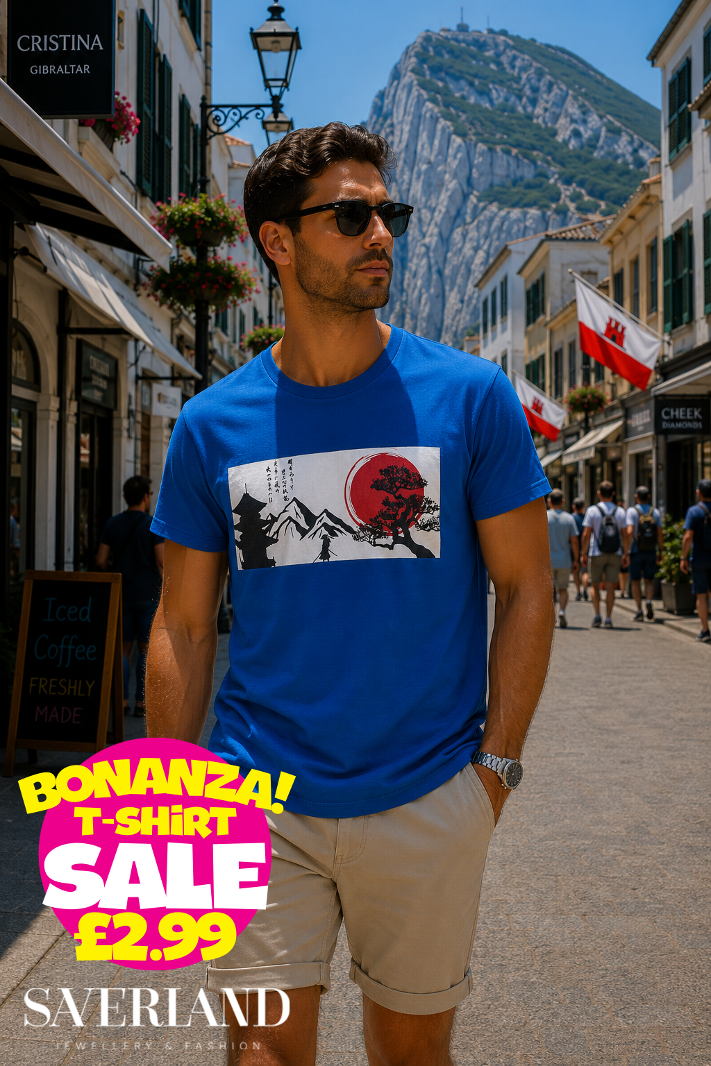 Royal blue men's t-shirt with Japanese landscape graphic featuring red sun, pagoda, samurai and bonsai tree