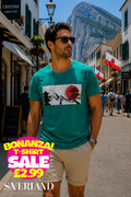 Teal men's t-shirt with Japanese samurai landscape graphic featuring red sun, mountains, pagoda and bonsai tree